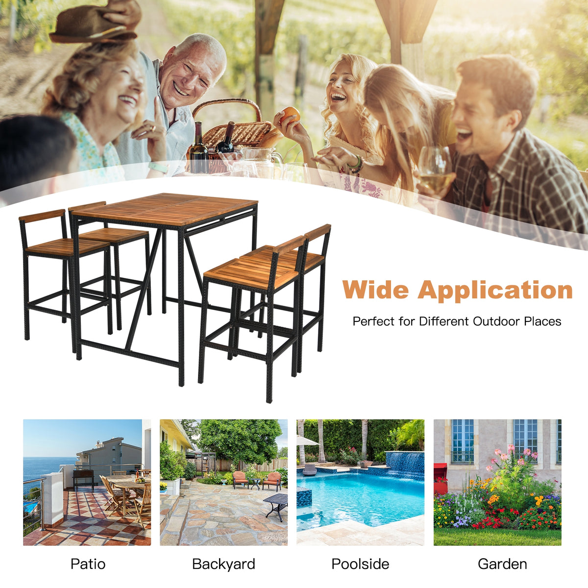 5 Piece Acacia Wood PE Rattan Bar Set, Brown Patio Bar Furniture at Gallery Canada
