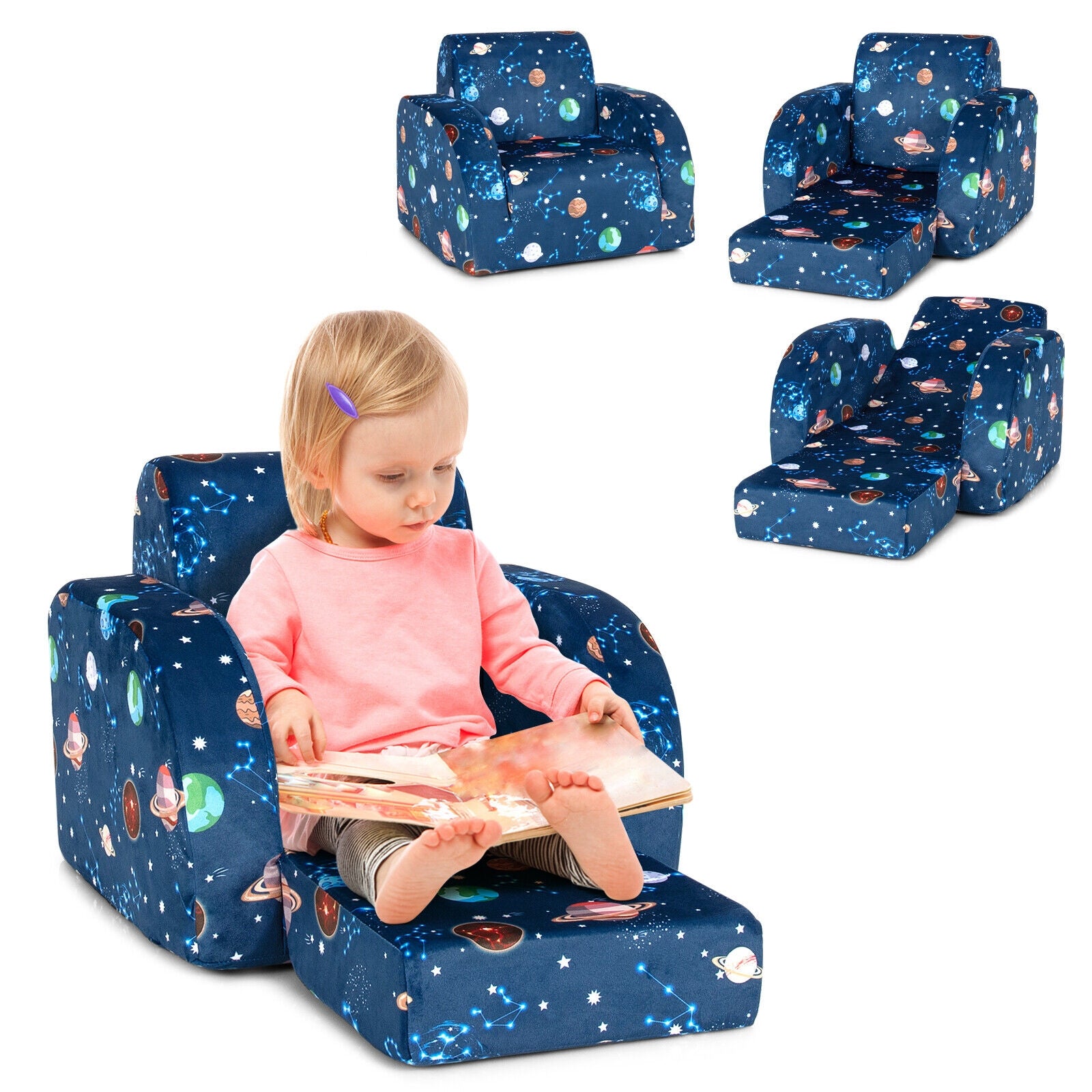 3-in-1 Convertible Kid Sofa Bed, Flip-Out Chair Lounger, Blue Kids Chairs & Seating at Gallery Canada