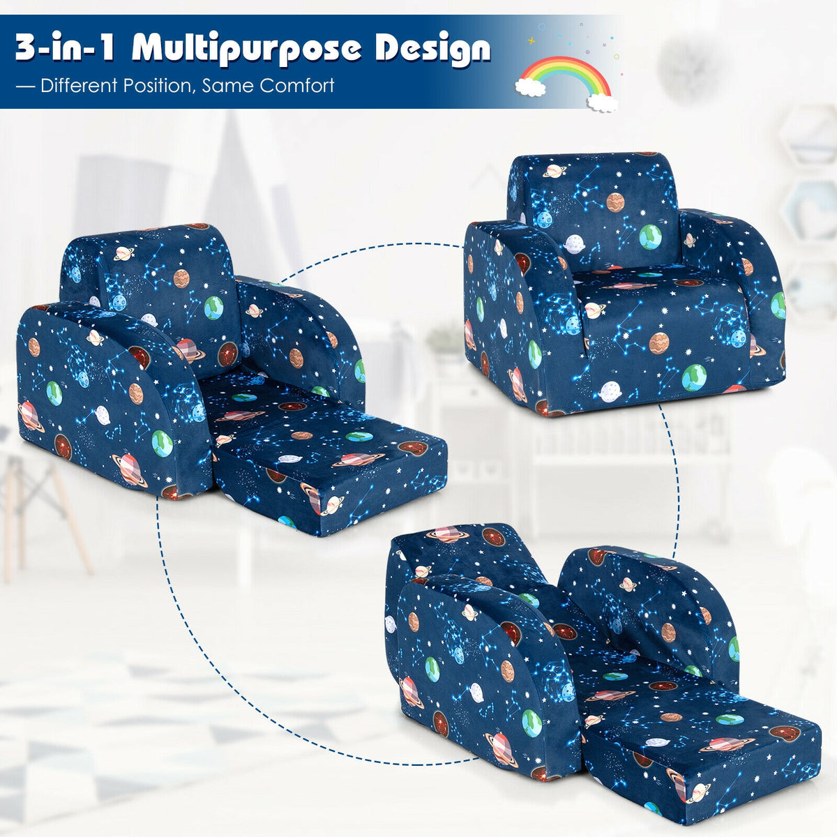 3-in-1 Convertible Kid Sofa Bed, Flip-Out Chair Lounger, Blue Kids Chairs & Seating at Gallery Canada