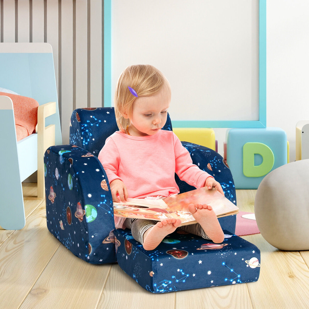 3-in-1 Convertible Kid Sofa Bed, Flip-Out Chair Lounger, Blue Kids Chairs & Seating at Gallery Canada
