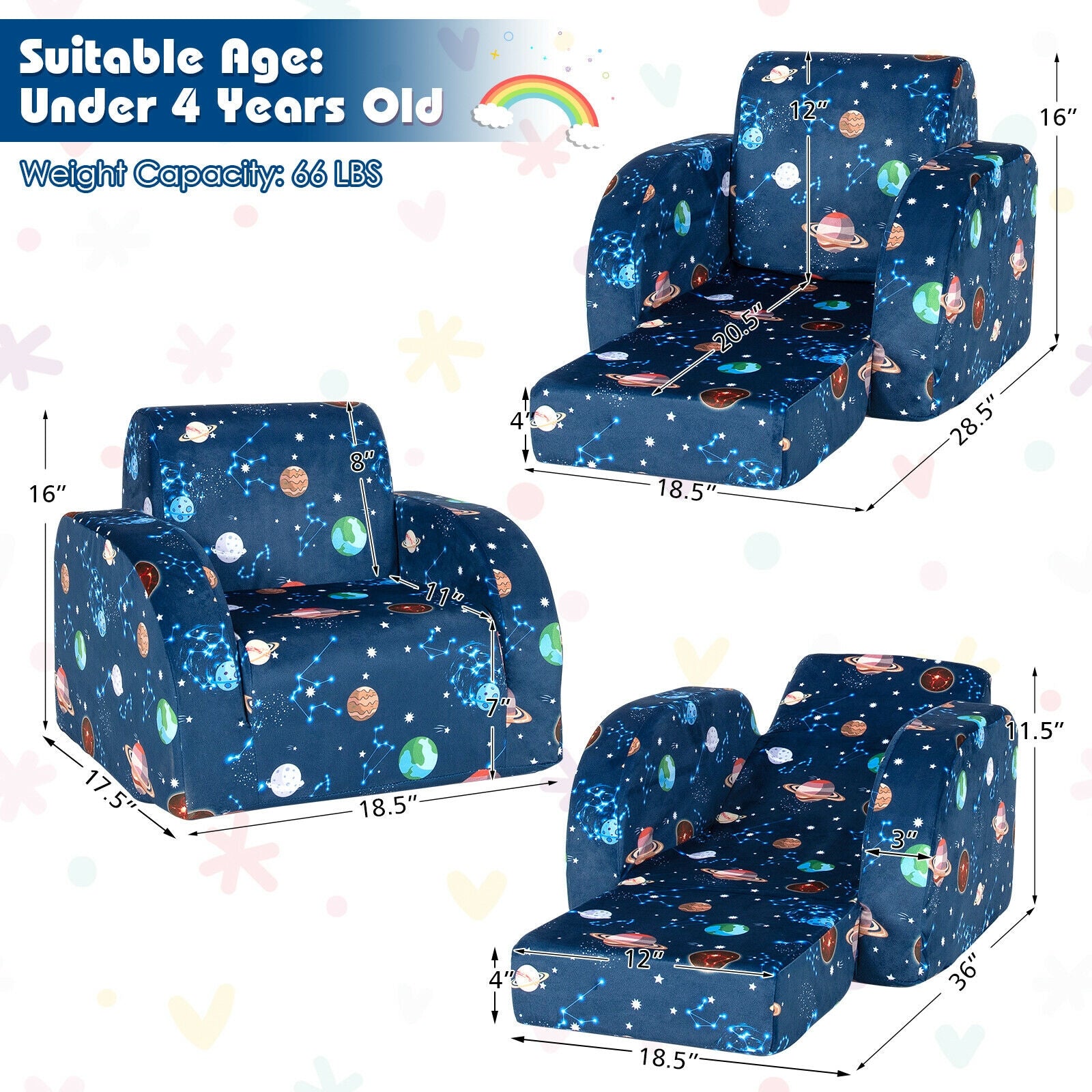 3-in-1 Convertible Kid Sofa Bed, Flip-Out Chair Lounger, Blue Kids Chairs & Seating at Gallery Canada