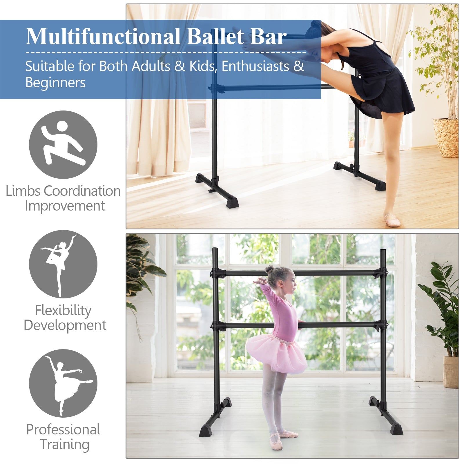 4 Feet Portable Double Freestanding Barre, Black Yoga Accessories at Gallery Canada