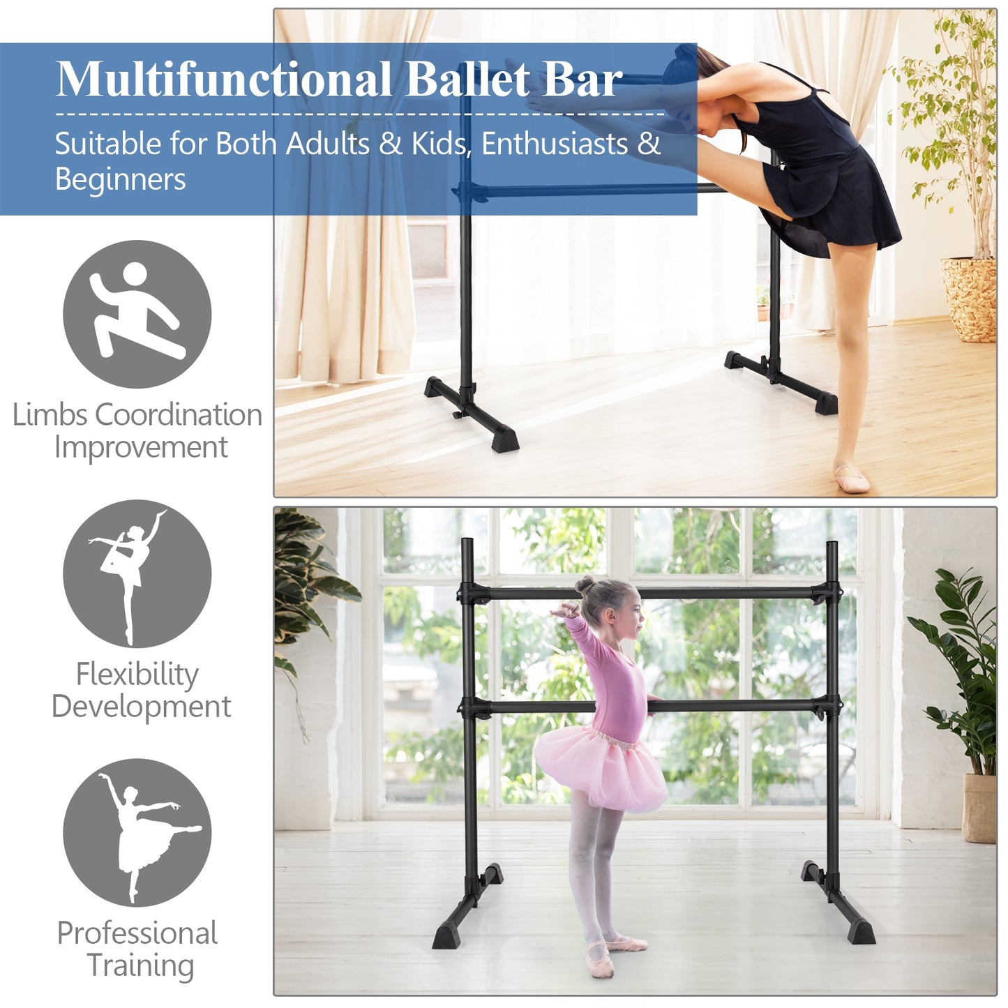 4 Feet Portable Double Freestanding Barre, Black Yoga Accessories at Gallery Canada