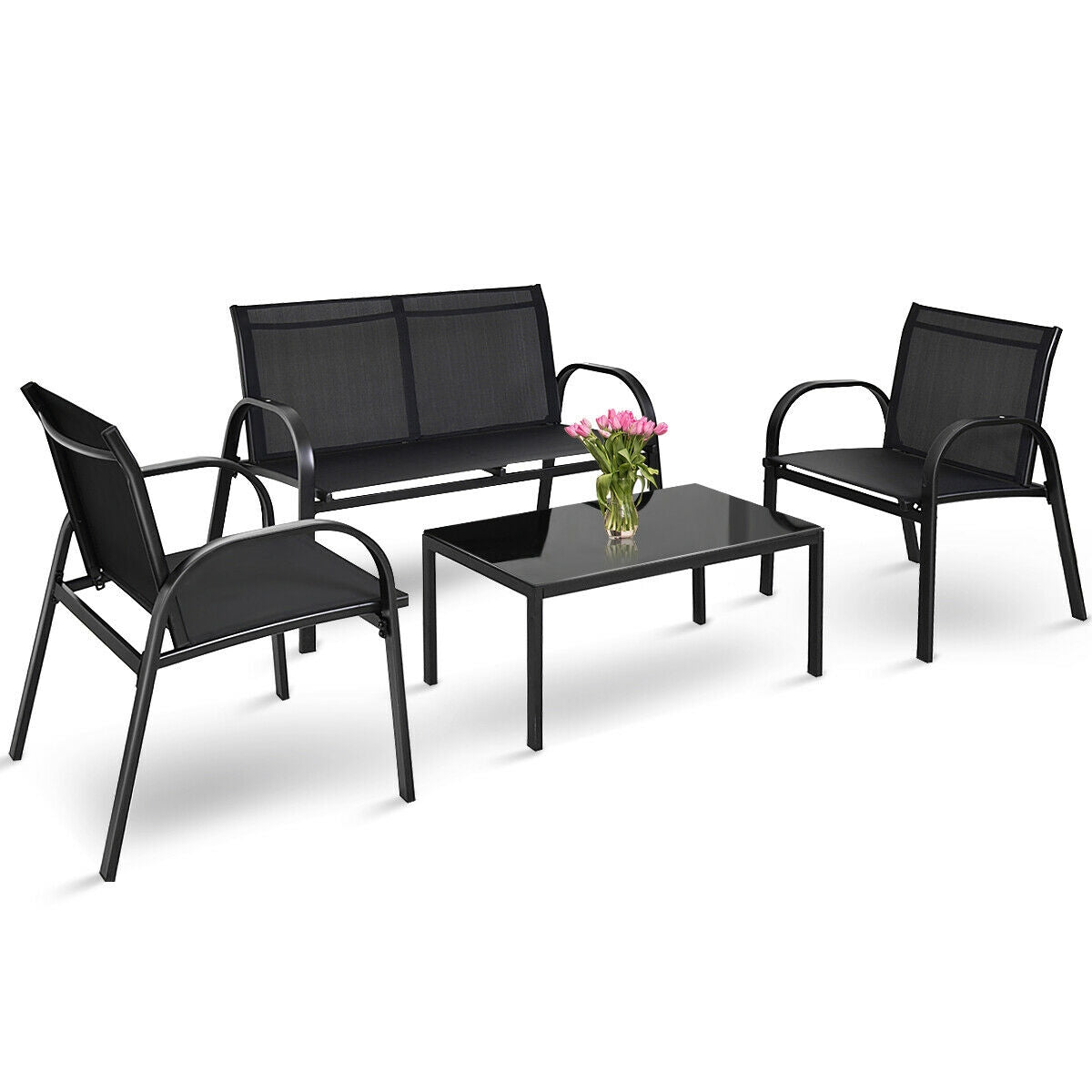 4 Piece Patio Furniture Set, Glass Top Coffee Table, Black Patio Conversation Sets at Gallery Canada