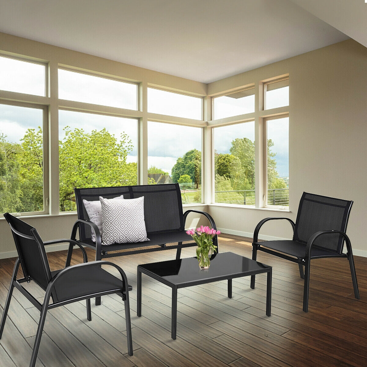 4 Piece Patio Furniture Set, Glass Top Coffee Table, Black Patio Conversation Sets at Gallery Canada