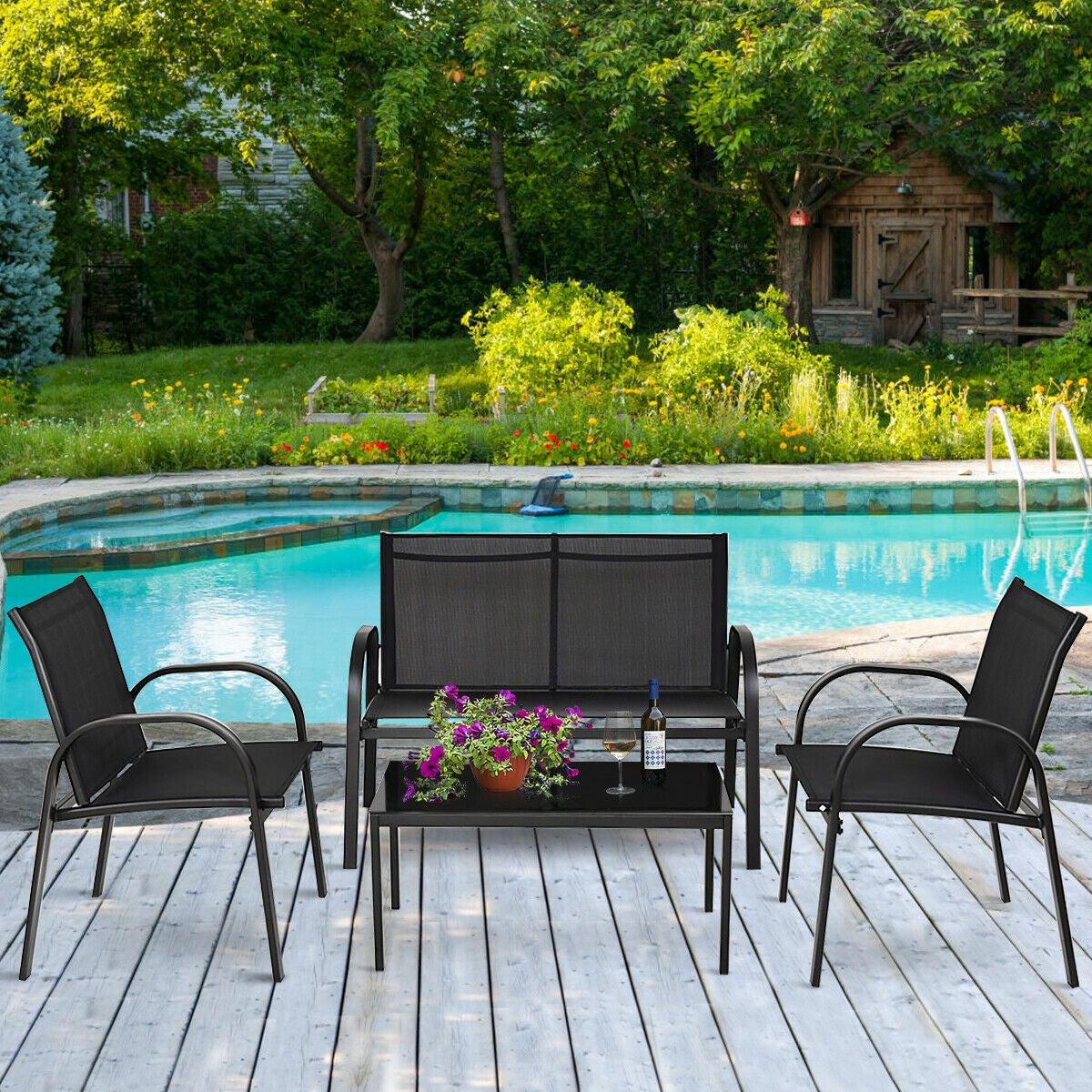 4 Piece Patio Furniture Set, Glass Top Coffee Table, Black Patio Conversation Sets at Gallery Canada