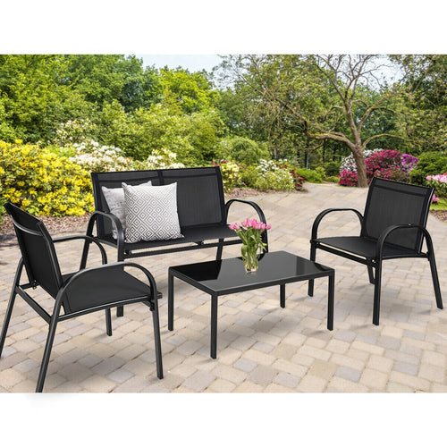 4 Piece Patio Furniture Set, Glass Top Coffee Table, Black