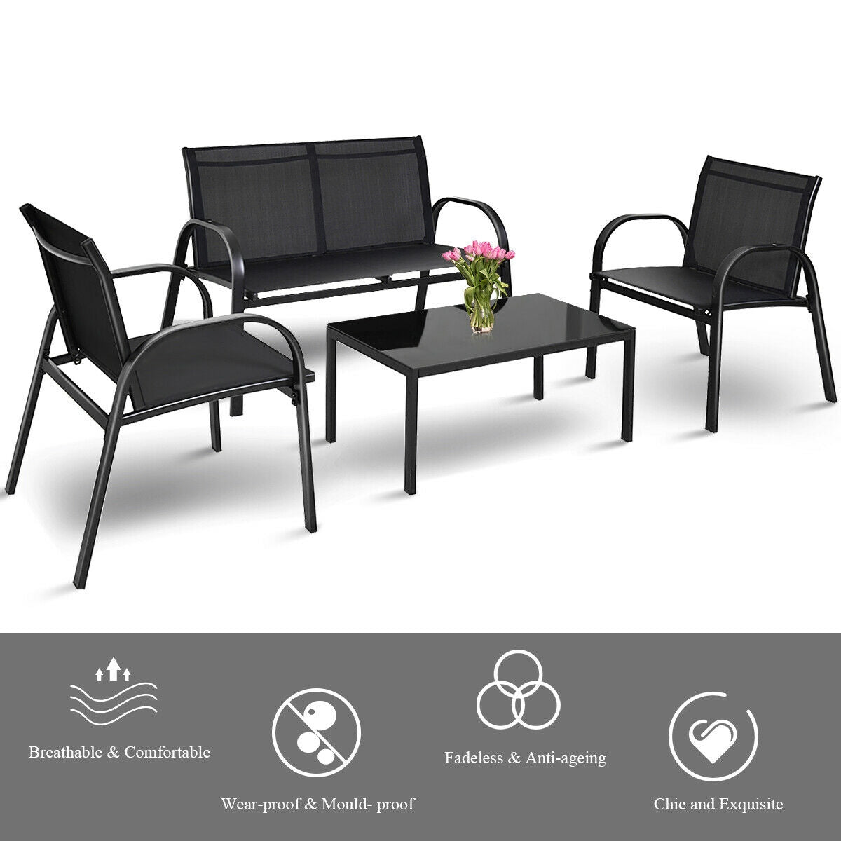 4 Piece Patio Furniture Set, Glass Top Coffee Table, Black Patio Conversation Sets at Gallery Canada