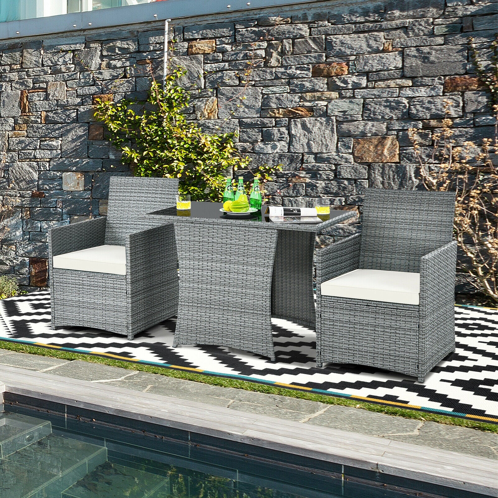 3 Piece Patio Rattan Furniture Set, Cushioned Armrest Sofa, White Patio Conversation Sets at Gallery Canada
