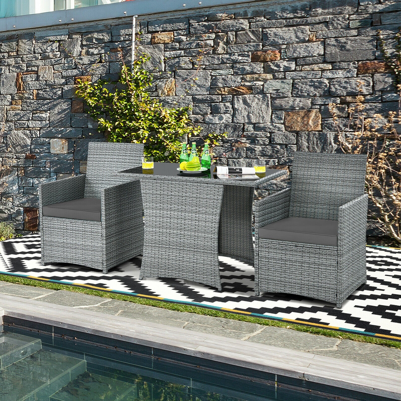 Patio Rattan Furniture Set, 3 Pieces, Cushioned Armrest Sofa, Gray Patio Conversation Sets at Gallery Canada
