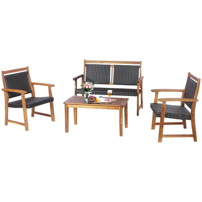 4 Piece Outdoor Patio Rattan Sofa Set, Acacia Wood Frame, Brown Patio Conversation Sets at Gallery Canada