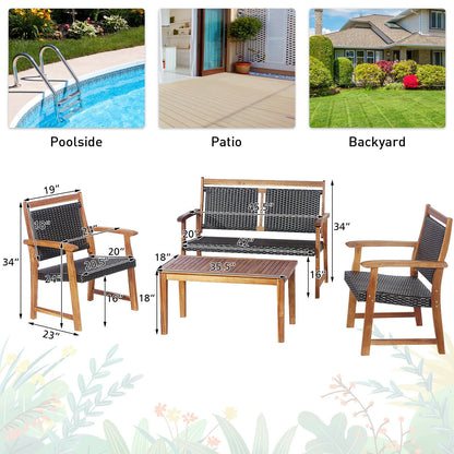 4 Piece Outdoor Patio Rattan Sofa Set, Acacia Wood Frame, Brown Patio Conversation Sets at Gallery Canada