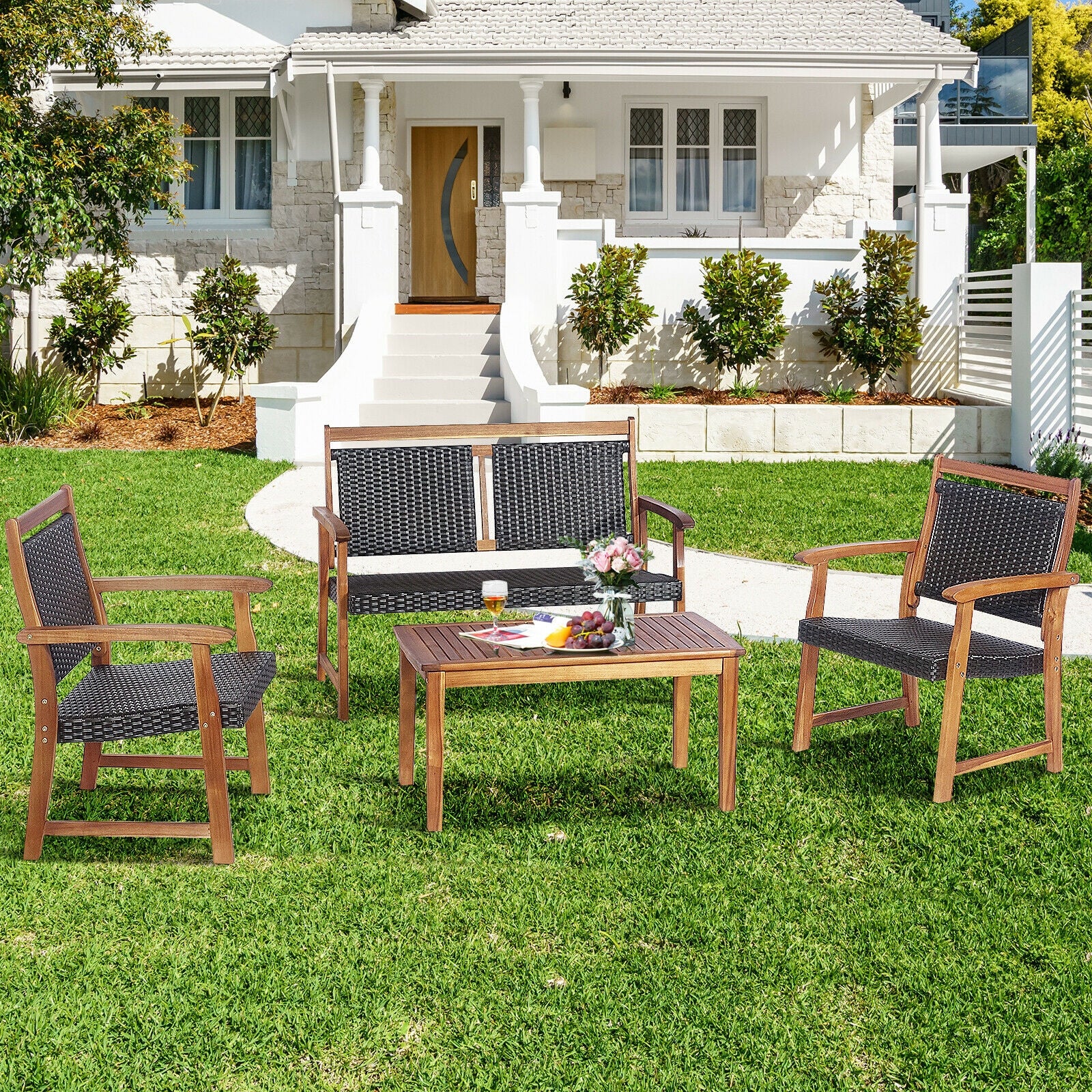 4 Piece Outdoor Patio Rattan Sofa Set, Acacia Wood Frame, Brown Patio Conversation Sets at Gallery Canada