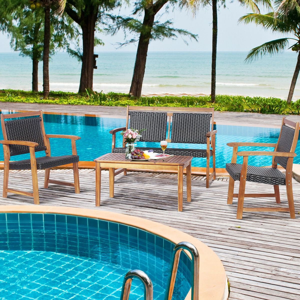 4 Piece Outdoor Patio Rattan Sofa Set, Acacia Wood Frame, Brown Patio Conversation Sets at Gallery Canada