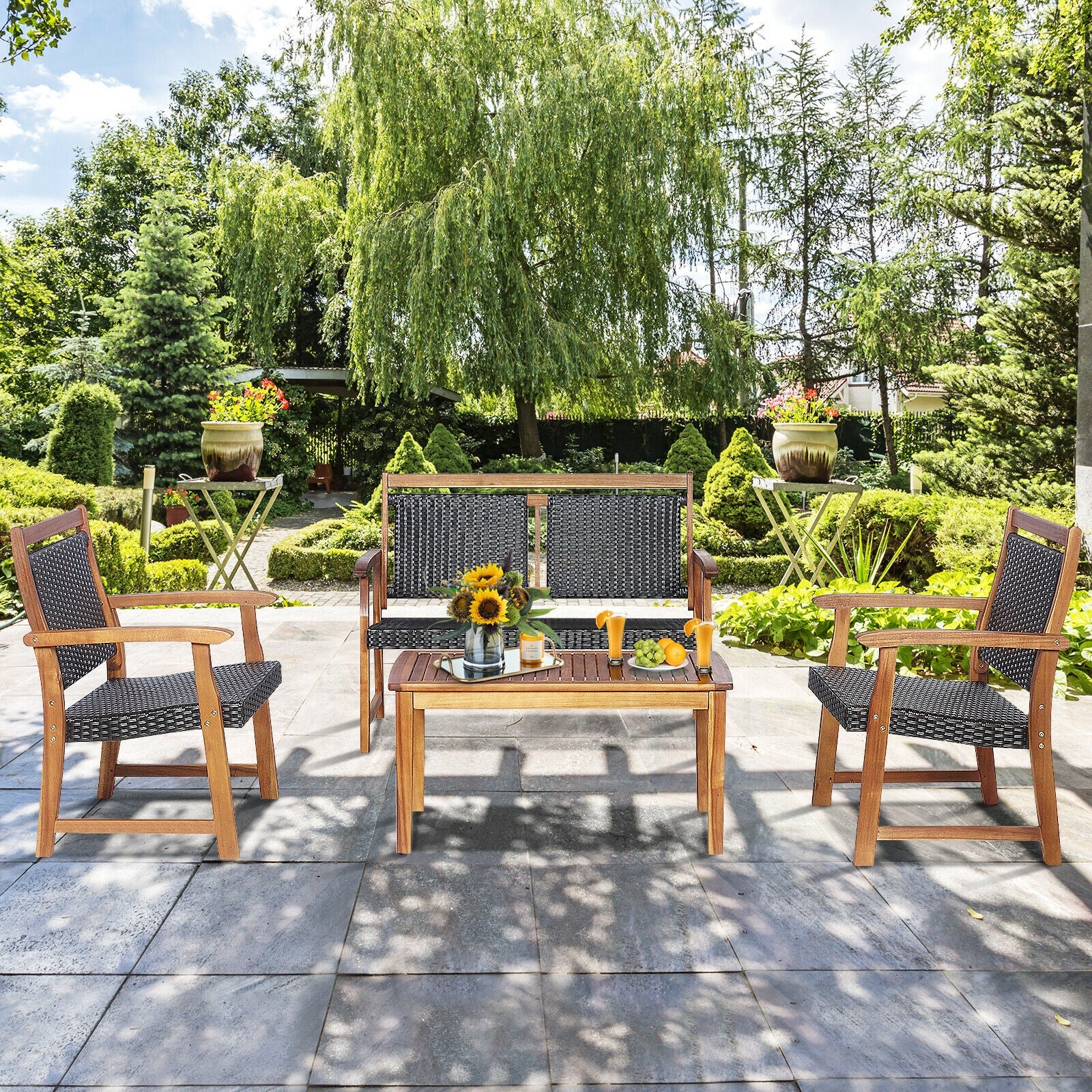 4 Piece Outdoor Patio Rattan Sofa Set, Acacia Wood Frame, Brown Patio Conversation Sets at Gallery Canada