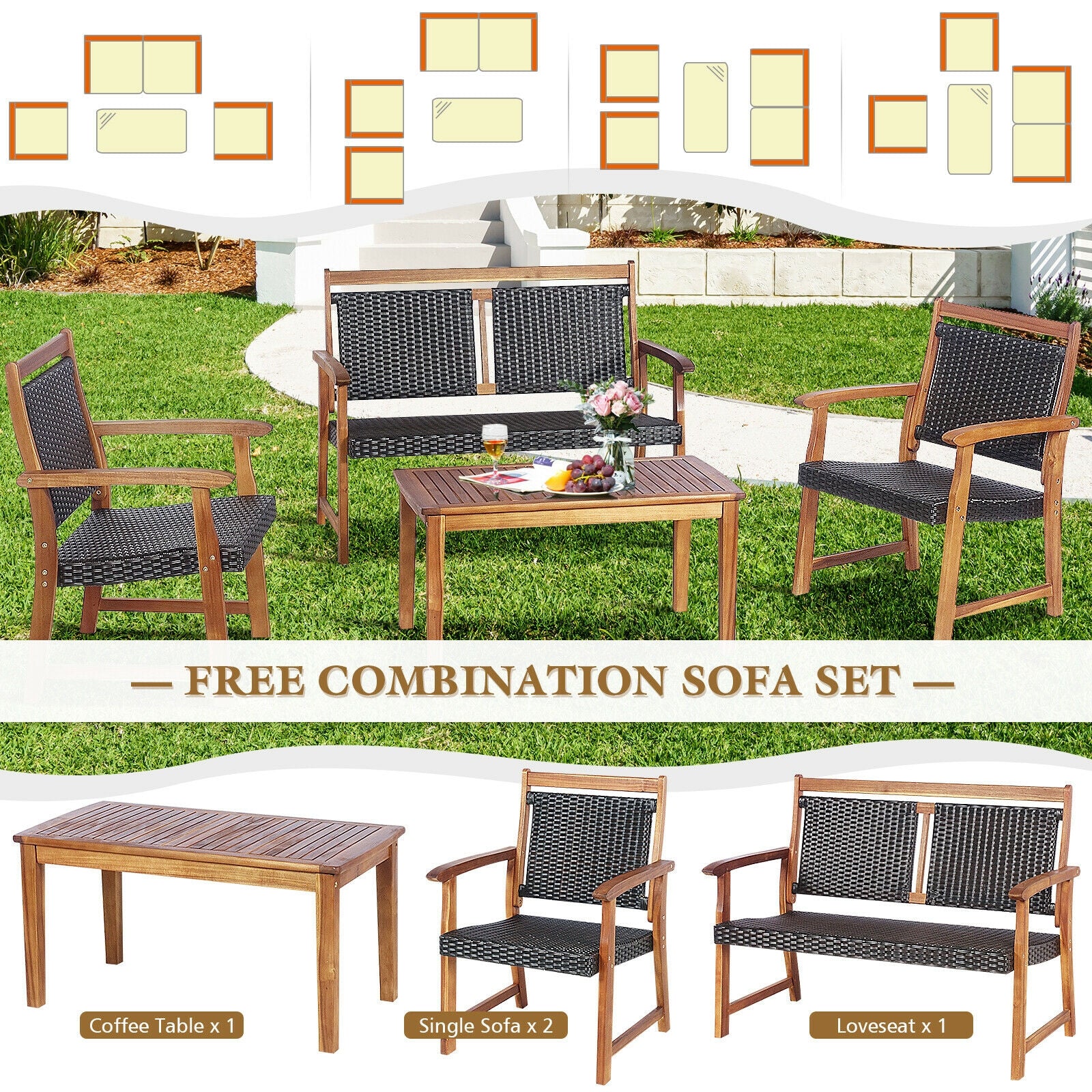 4 Piece Outdoor Patio Rattan Sofa Set, Acacia Wood Frame, Brown Patio Conversation Sets at Gallery Canada