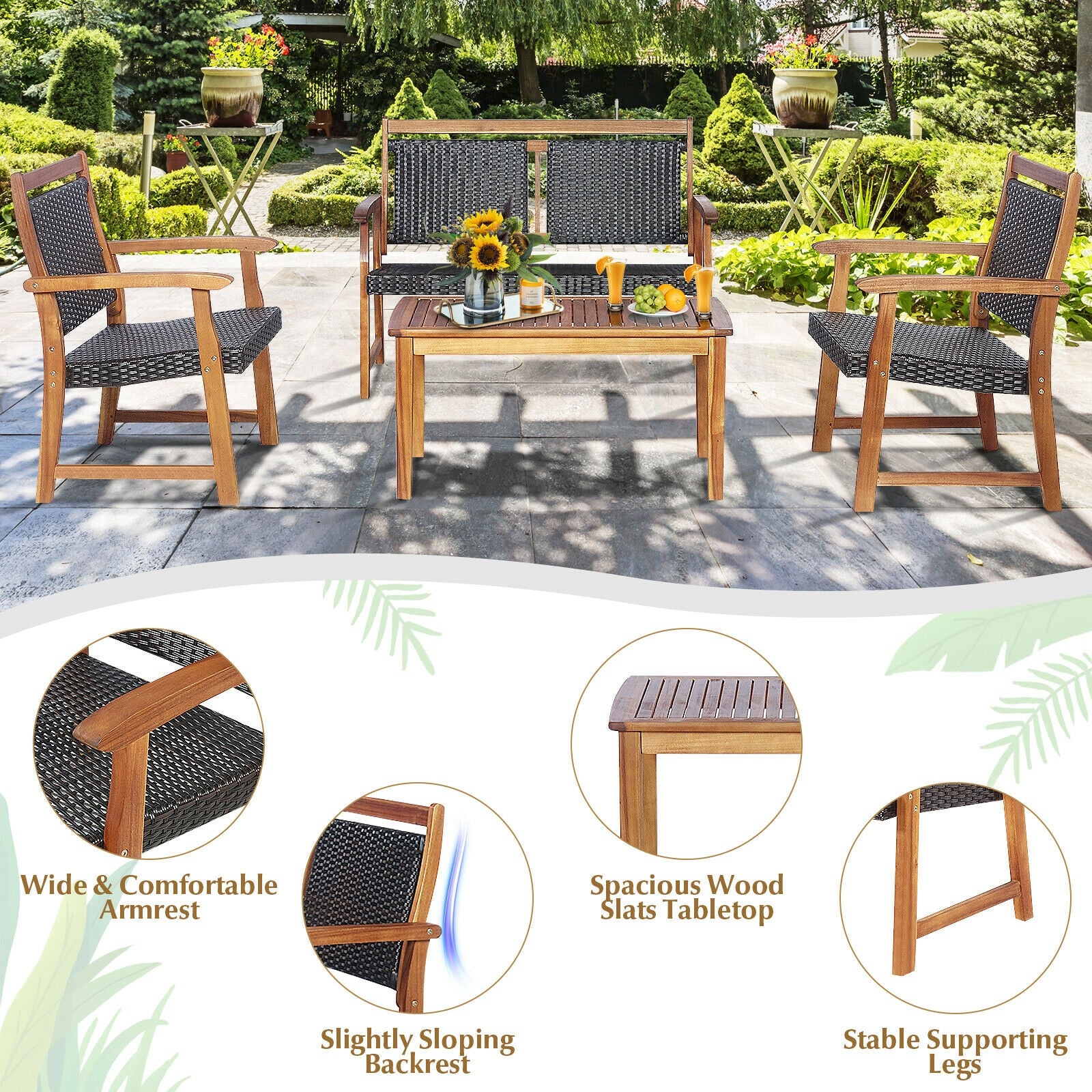 4 Piece Outdoor Patio Rattan Sofa Set, Acacia Wood Frame, Brown Patio Conversation Sets at Gallery Canada