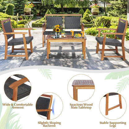 4 Piece Outdoor Patio Rattan Sofa Set, Acacia Wood Frame, Brown Patio Conversation Sets at Gallery Canada