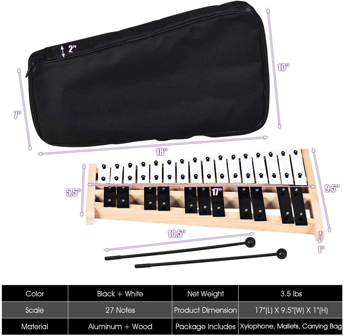 27 Note Glockenspiel Xylophone, 2 Rubber Mallets, White, Black Drums & Percussion at Gallery Canada