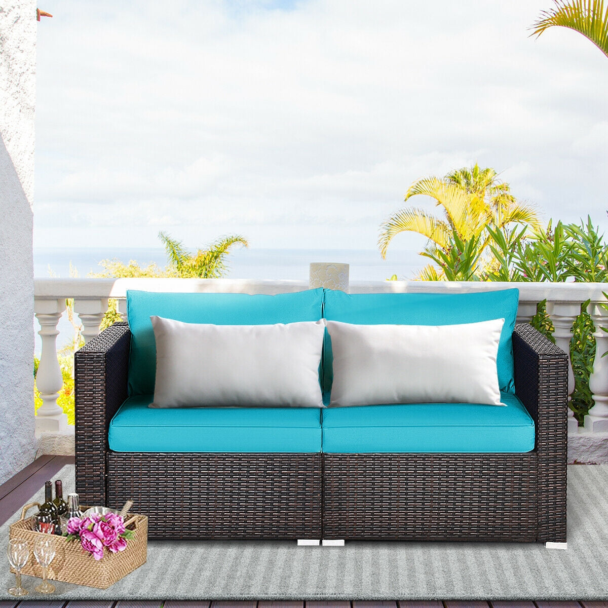 Patio Rattan Sectional Conversation Sofa Set, Blue Outdoor Sectionals at Gallery Canada