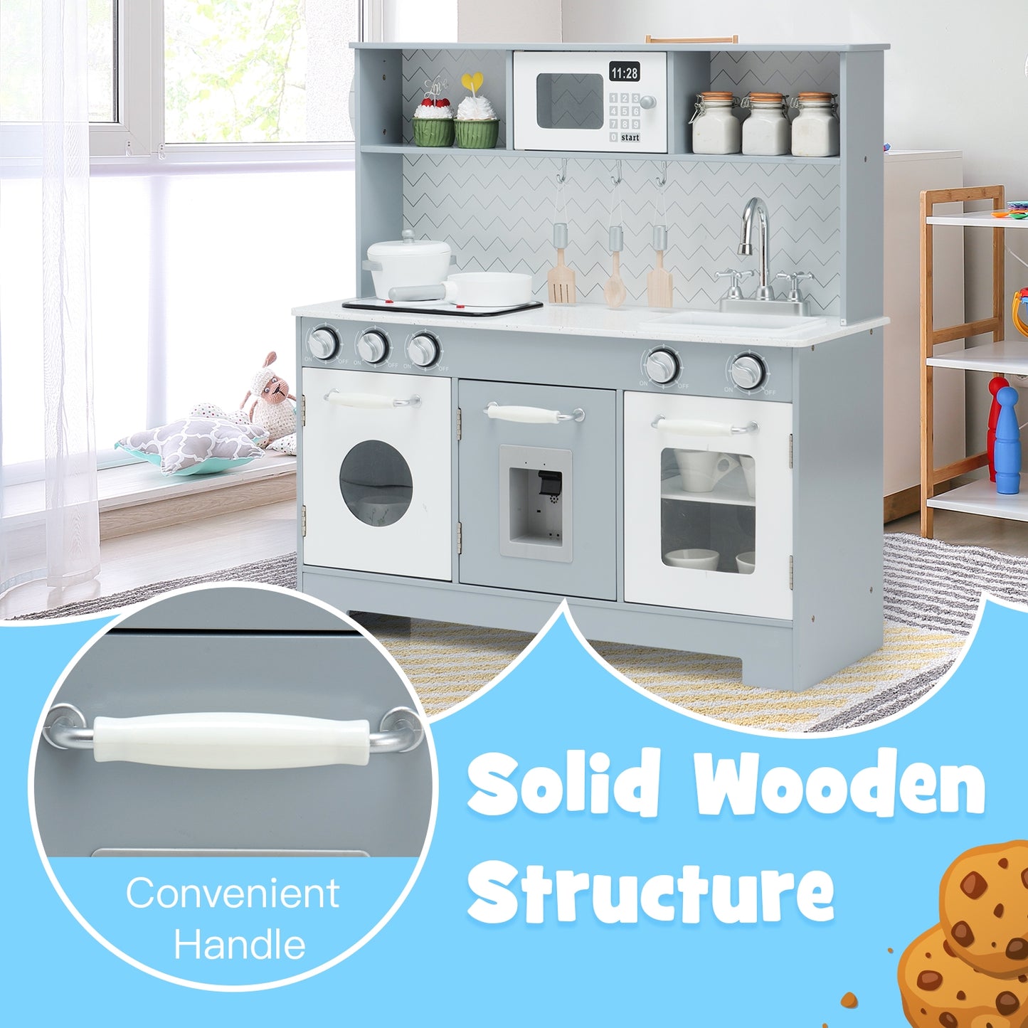 Wooden Toy Kitchen Set With Light And Sound, White, Gray Play Kitchen Sets at Gallery Canada