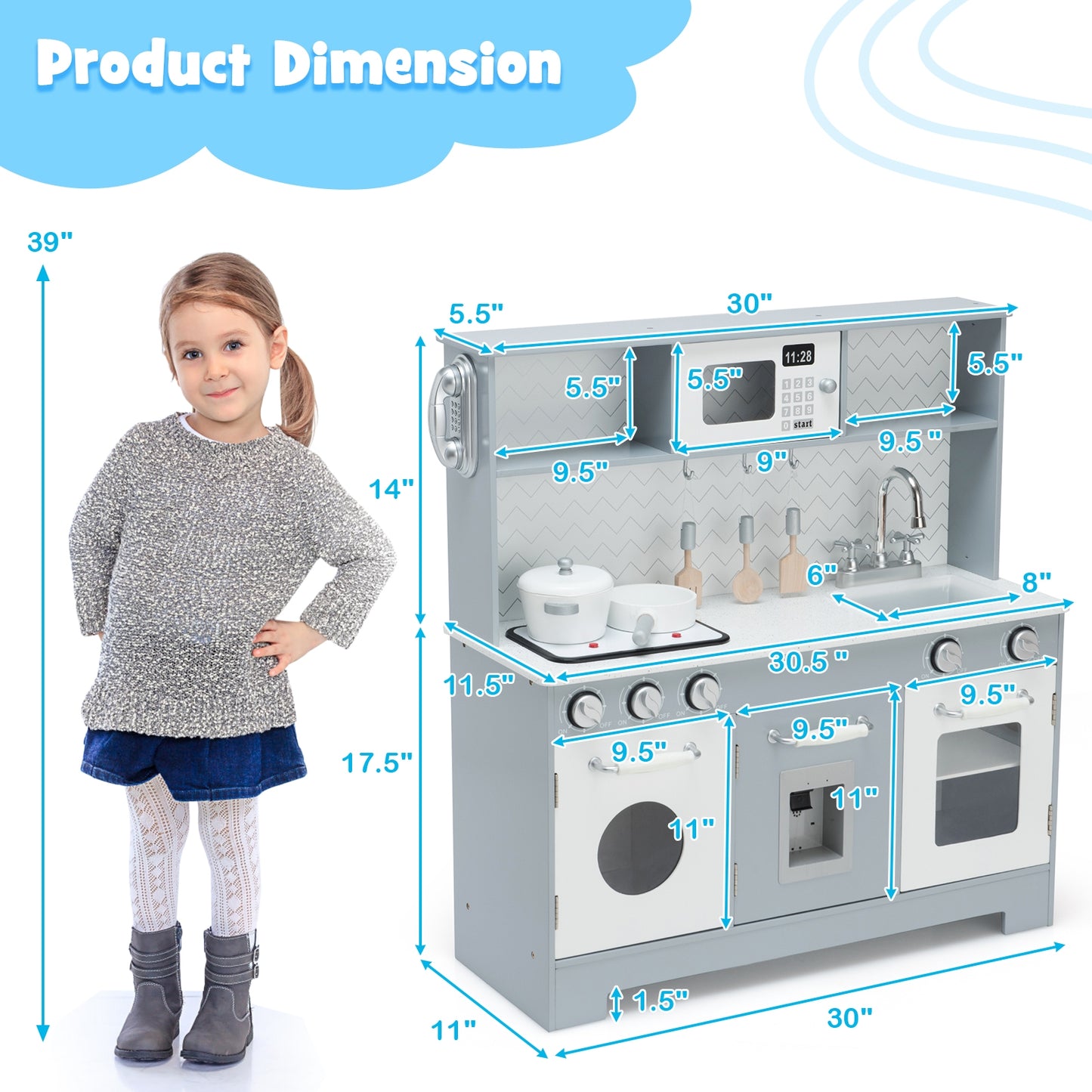 Wooden Toy Kitchen Set With Light And Sound, White, Gray Play Kitchen Sets at Gallery Canada