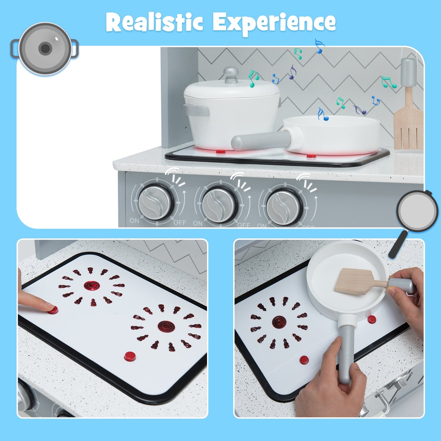 Wooden Toy Kitchen Set With Light And Sound, White, Gray Play Kitchen Sets at Gallery Canada