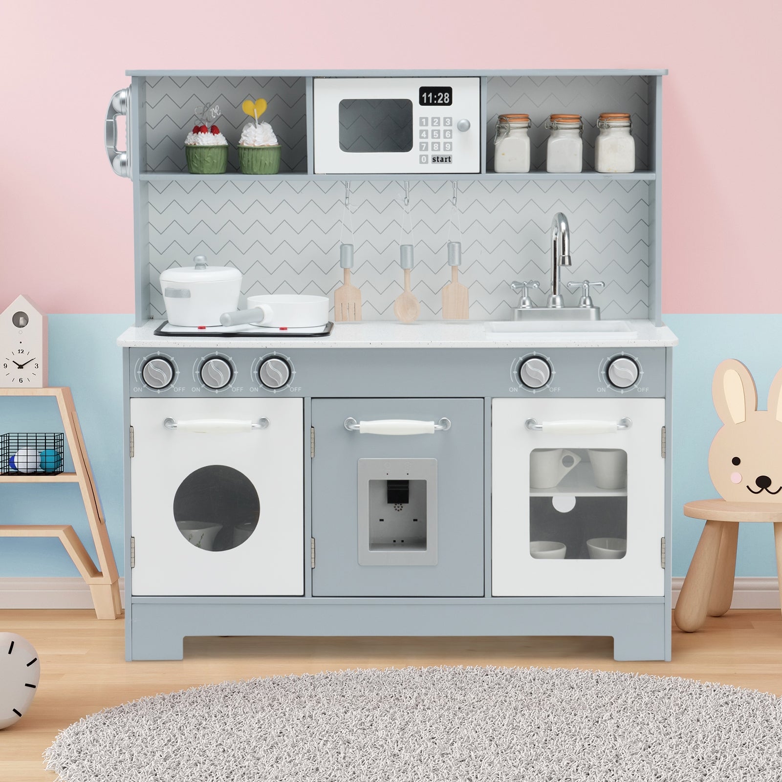 Wooden Toy Kitchen Set With Light And Sound, White, Gray Play Kitchen Sets at Gallery Canada