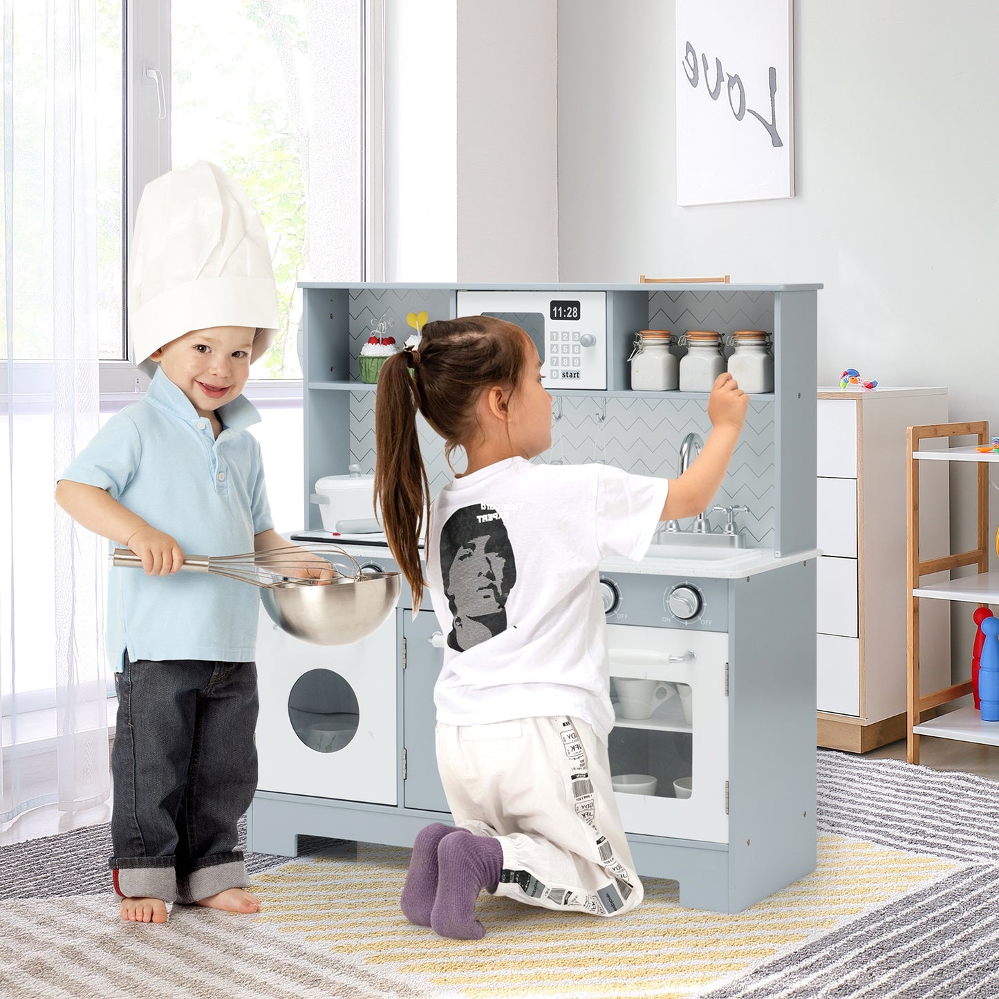Wooden Toy Kitchen Set With Light And Sound, White, Gray Play Kitchen Sets at Gallery Canada