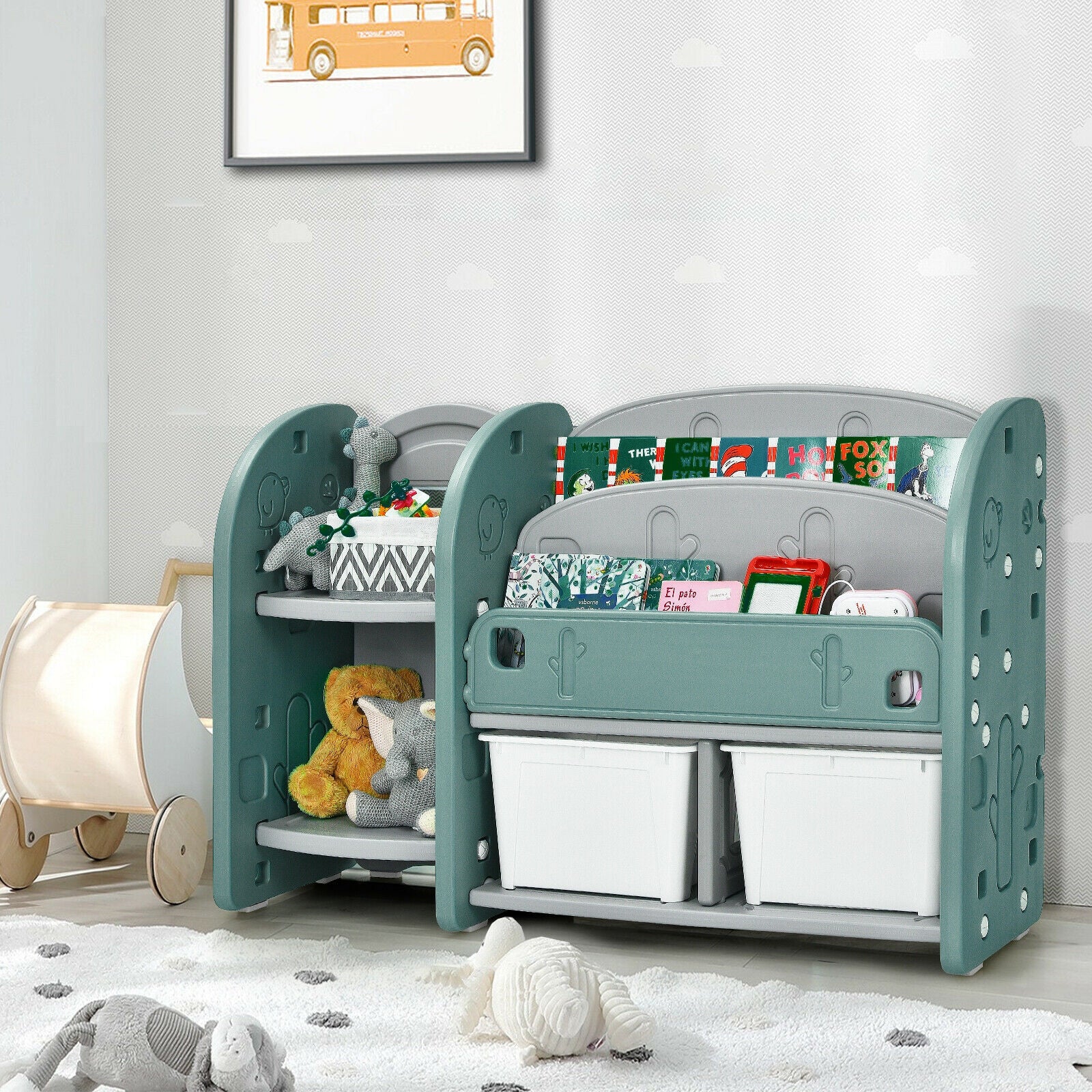 Kids Toy Storage Organizer, 2-Tier Bookshelf, Plastic Bins, Green Kids Storage at Gallery Canada