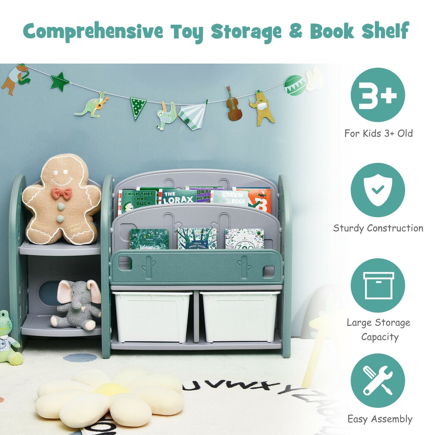 Kids Toy Storage Organizer, 2-Tier Bookshelf, Plastic Bins, Green Kids Storage at Gallery Canada