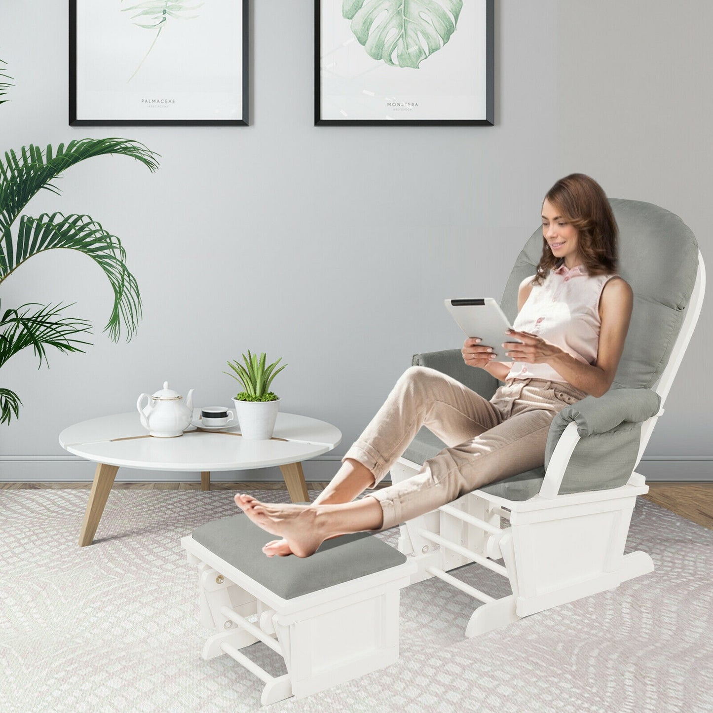 Wood Baby Glider Ottoman Set, Padded Armrests, Light Gray Recliners at Gallery Canada