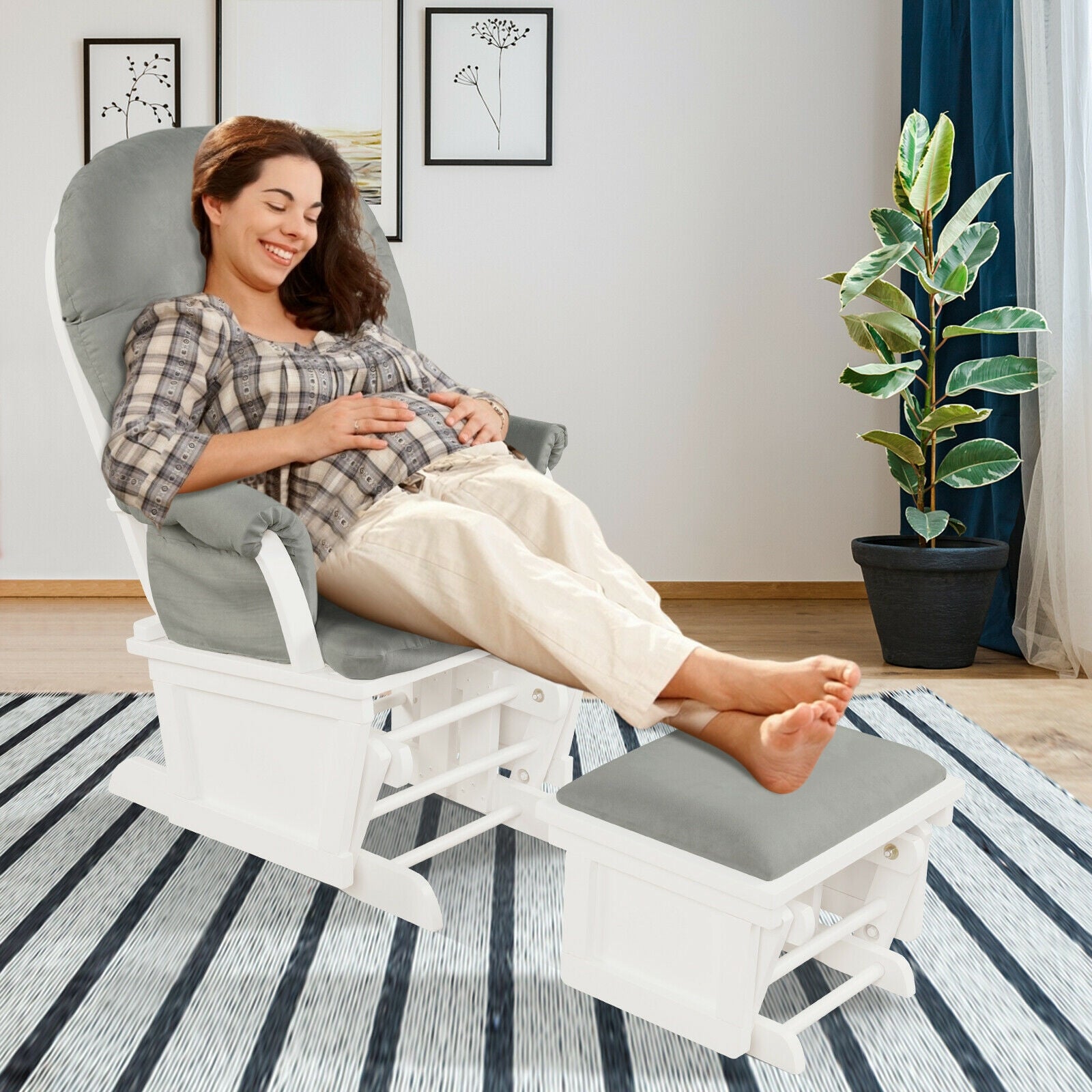 Wood Baby Glider Ottoman Set, Padded Armrests, Light Gray Recliners at Gallery Canada