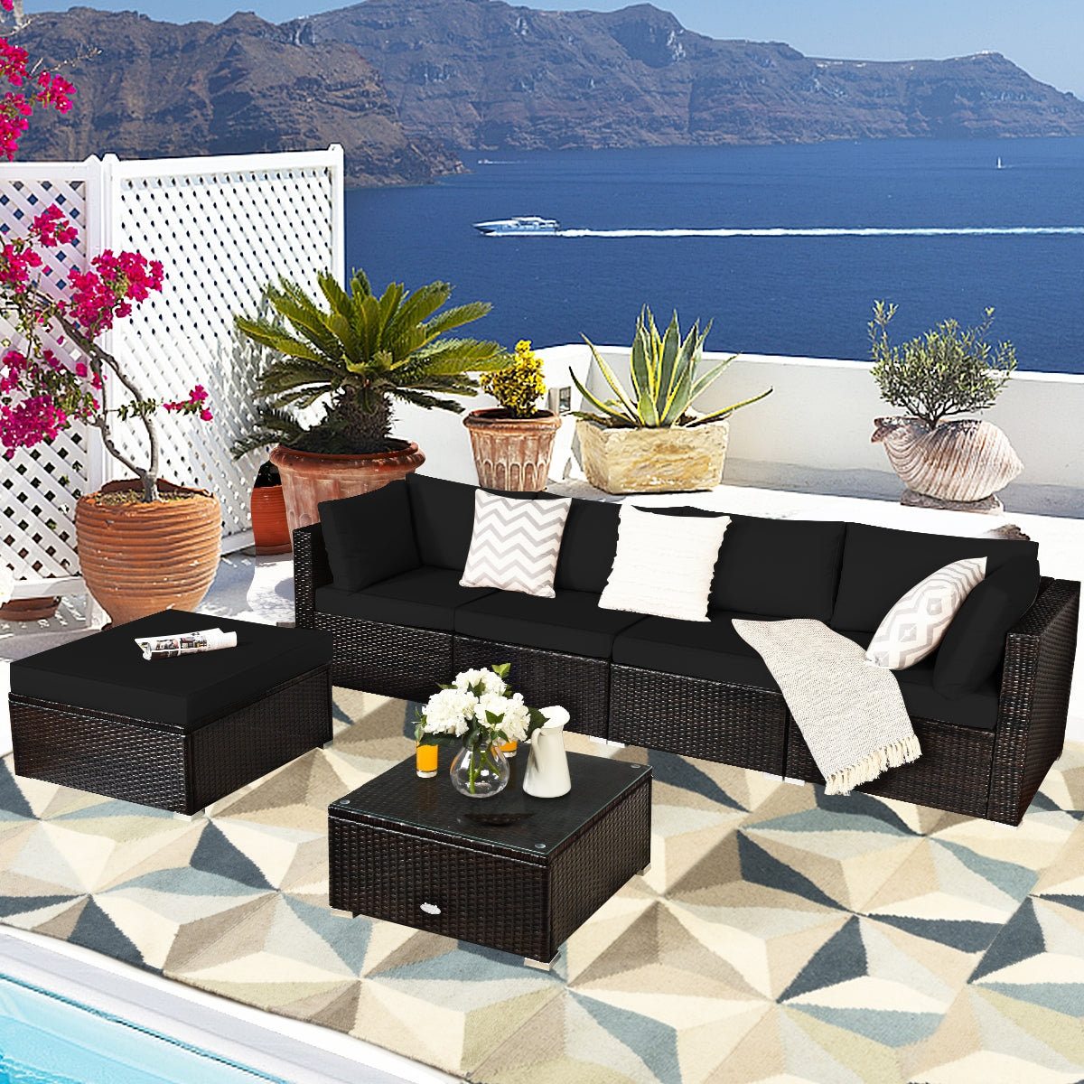 6 Piece Rattan Patio Furniture Set, Sofa Ottoman, Dark Black Outdoor Sectionals at Gallery Canada