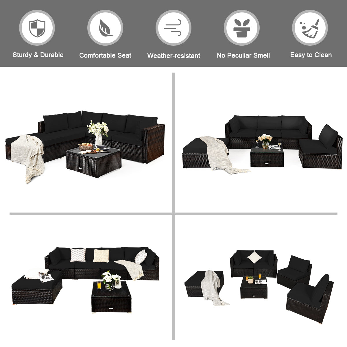 6 Piece Rattan Patio Furniture Set, Sofa Ottoman, Dark Black Outdoor Sectionals at Gallery Canada