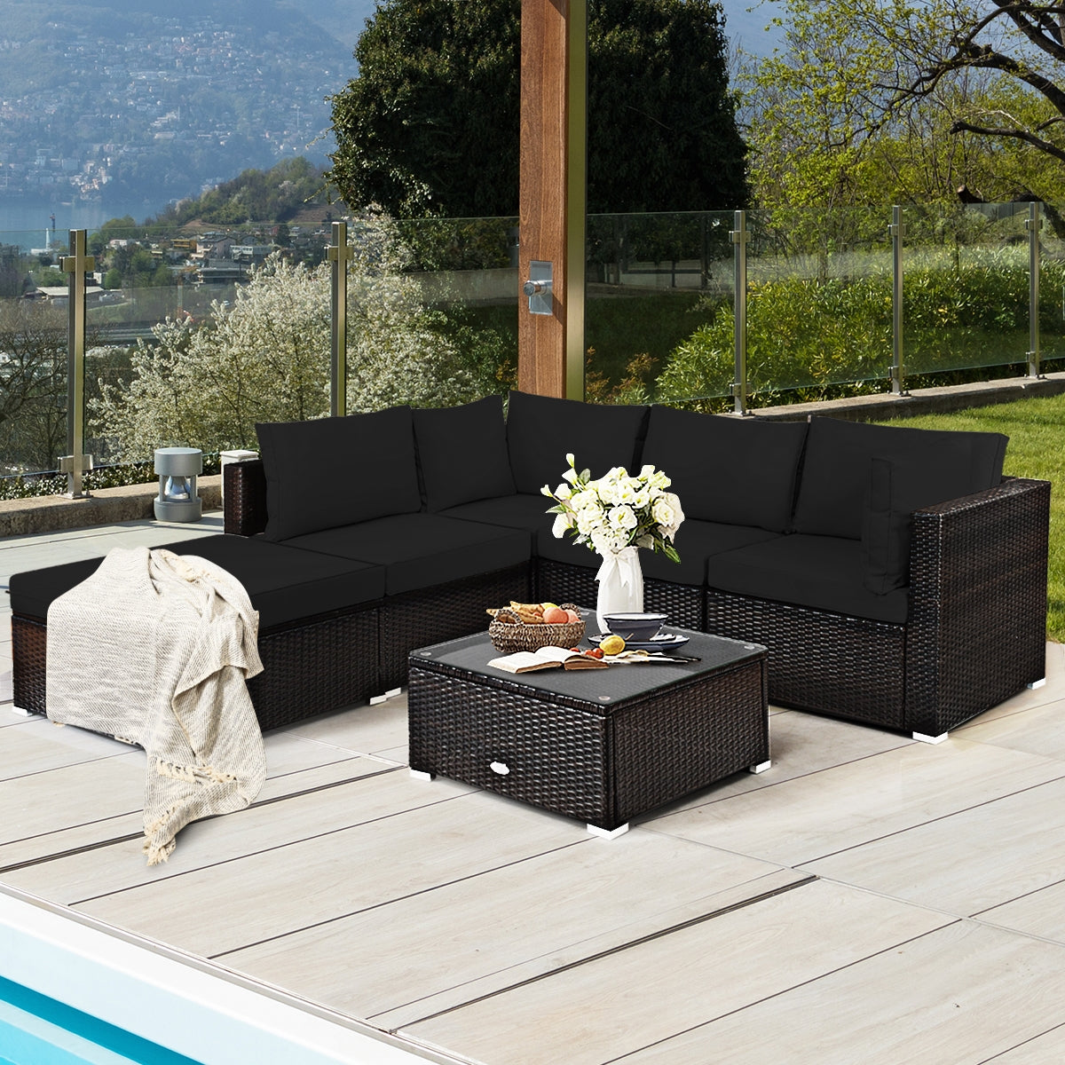 6 Piece Rattan Patio Furniture Set, Sofa Ottoman, Dark Black Outdoor Sectionals at Gallery Canada