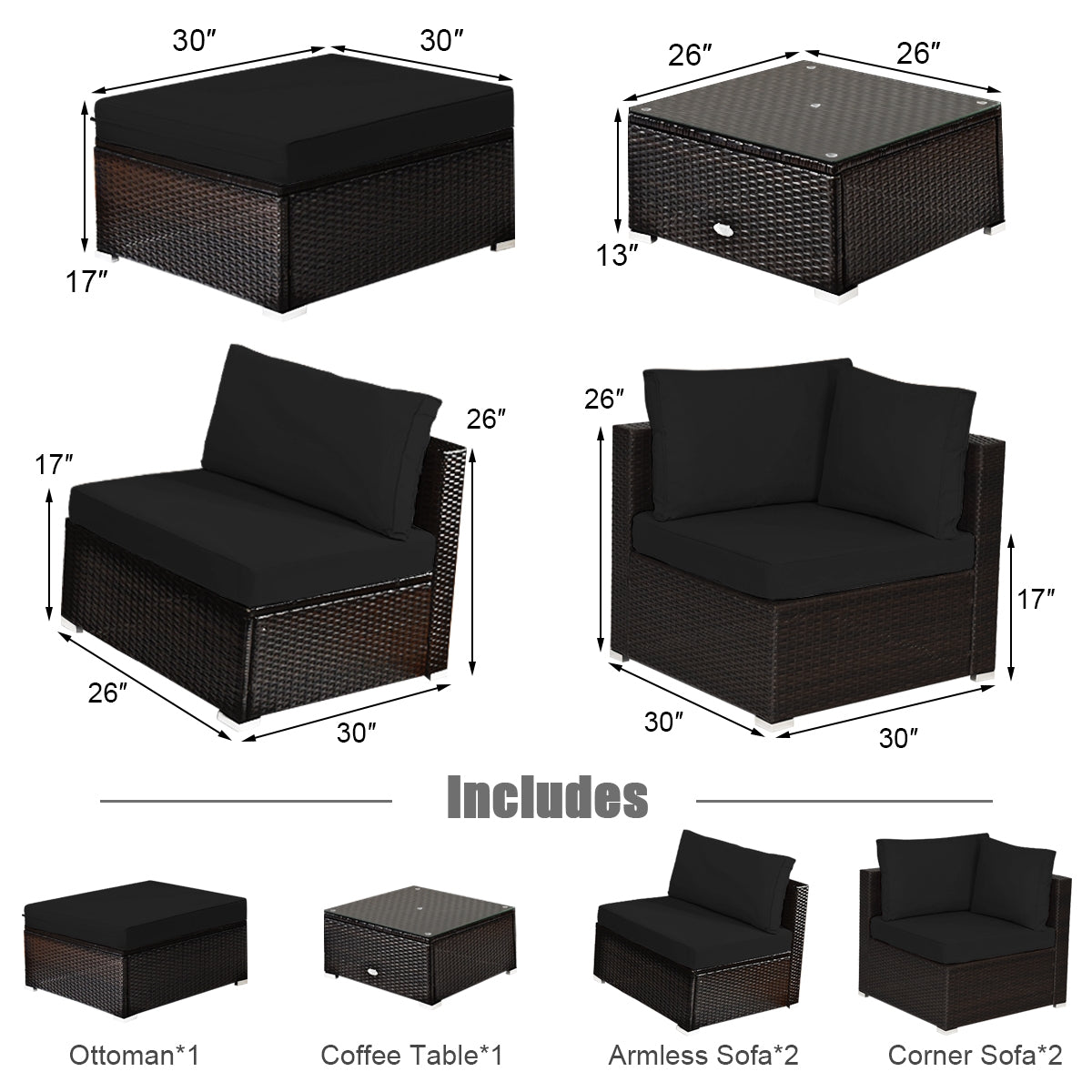 6 Piece Rattan Patio Furniture Set, Sofa Ottoman, Dark Black Outdoor Sectionals at Gallery Canada