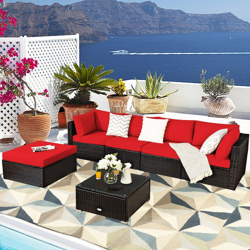 6-Piece Outdoor Patio Rattan Furniture Set, Sofa Ottoman, Red