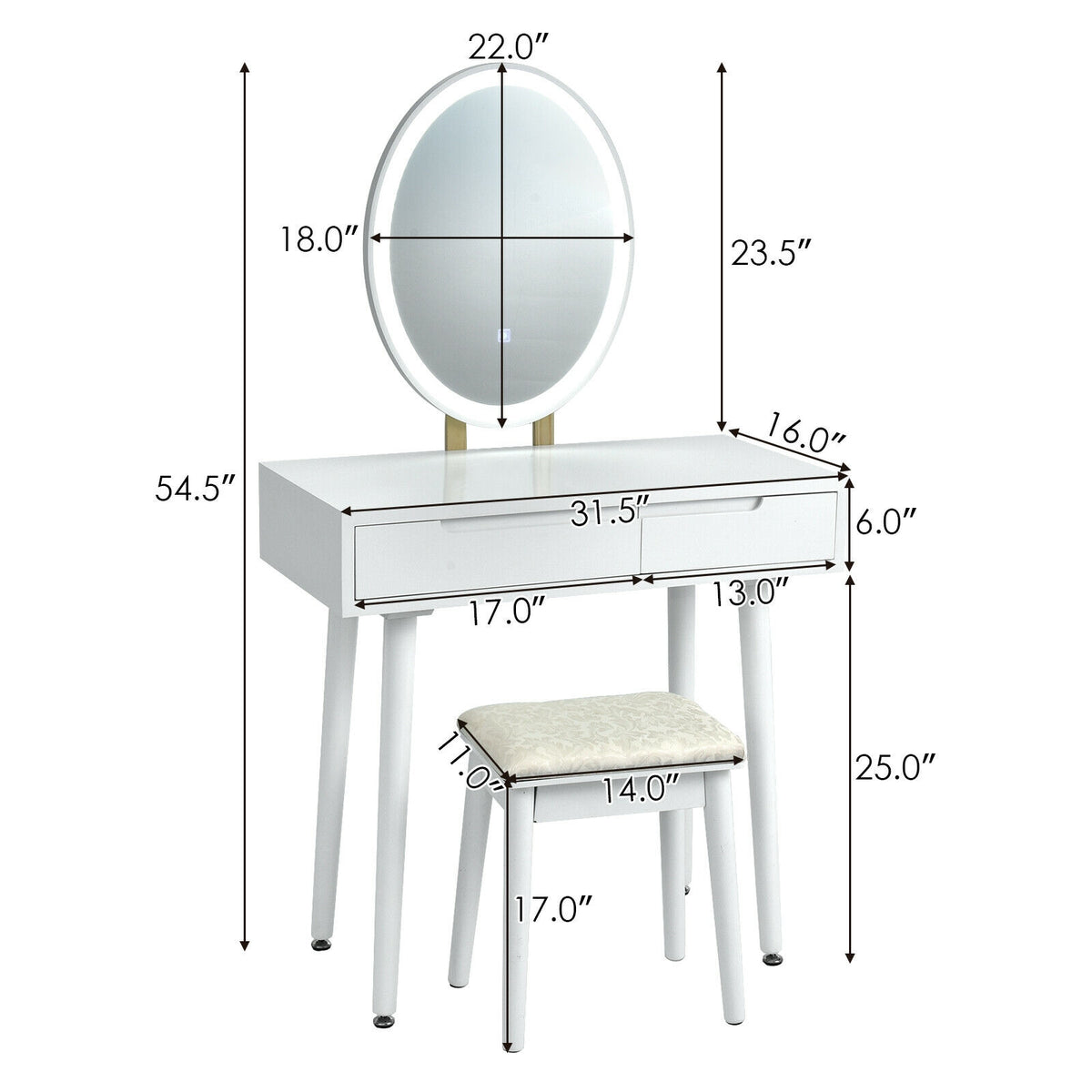 Touch Screen Vanity Makeup Table Stool Set, White Makeup Vanities at Gallery Canada