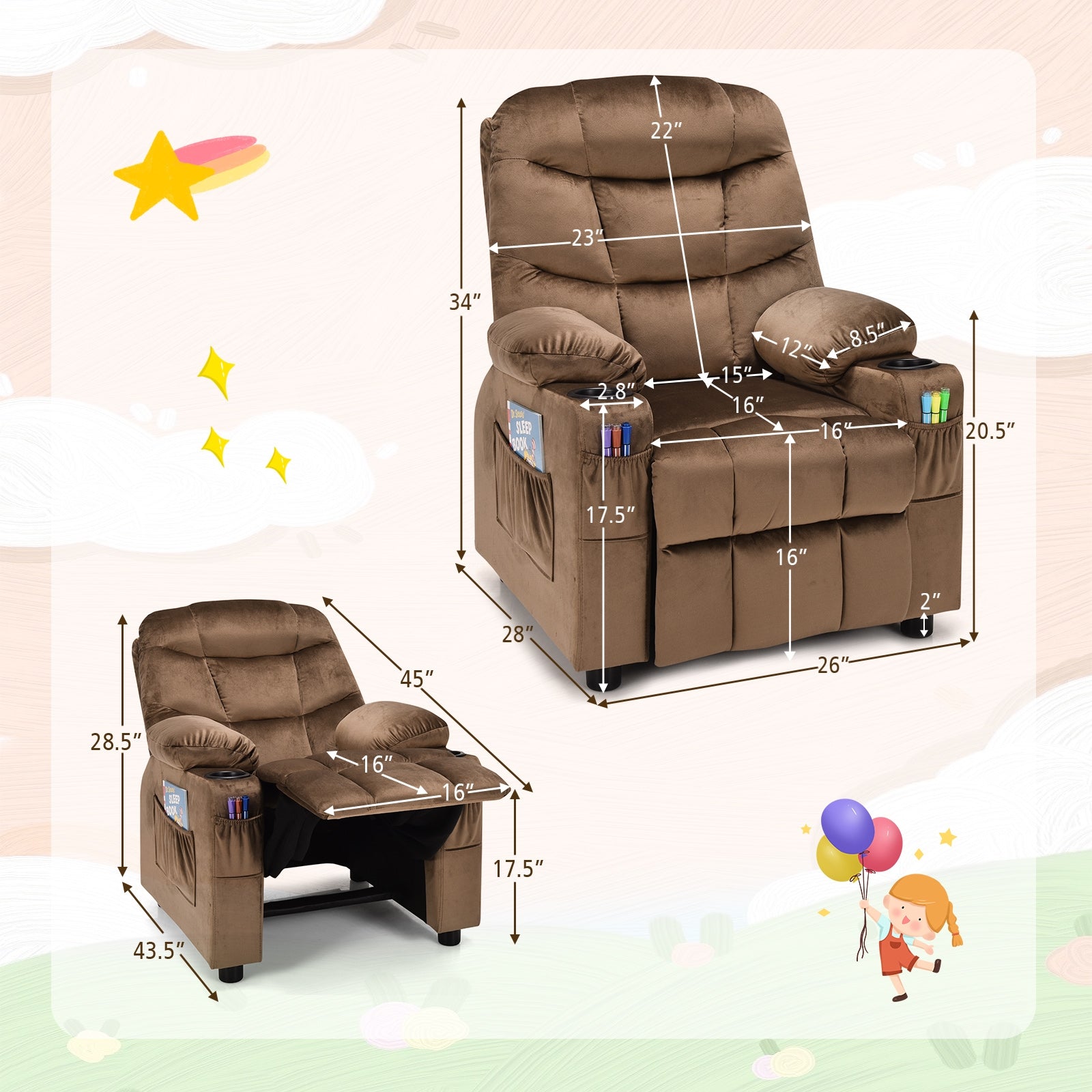 Kids Recliner Chair, Cup Holder, Footrest, Brown Kids Chairs & Seating at Gallery Canada