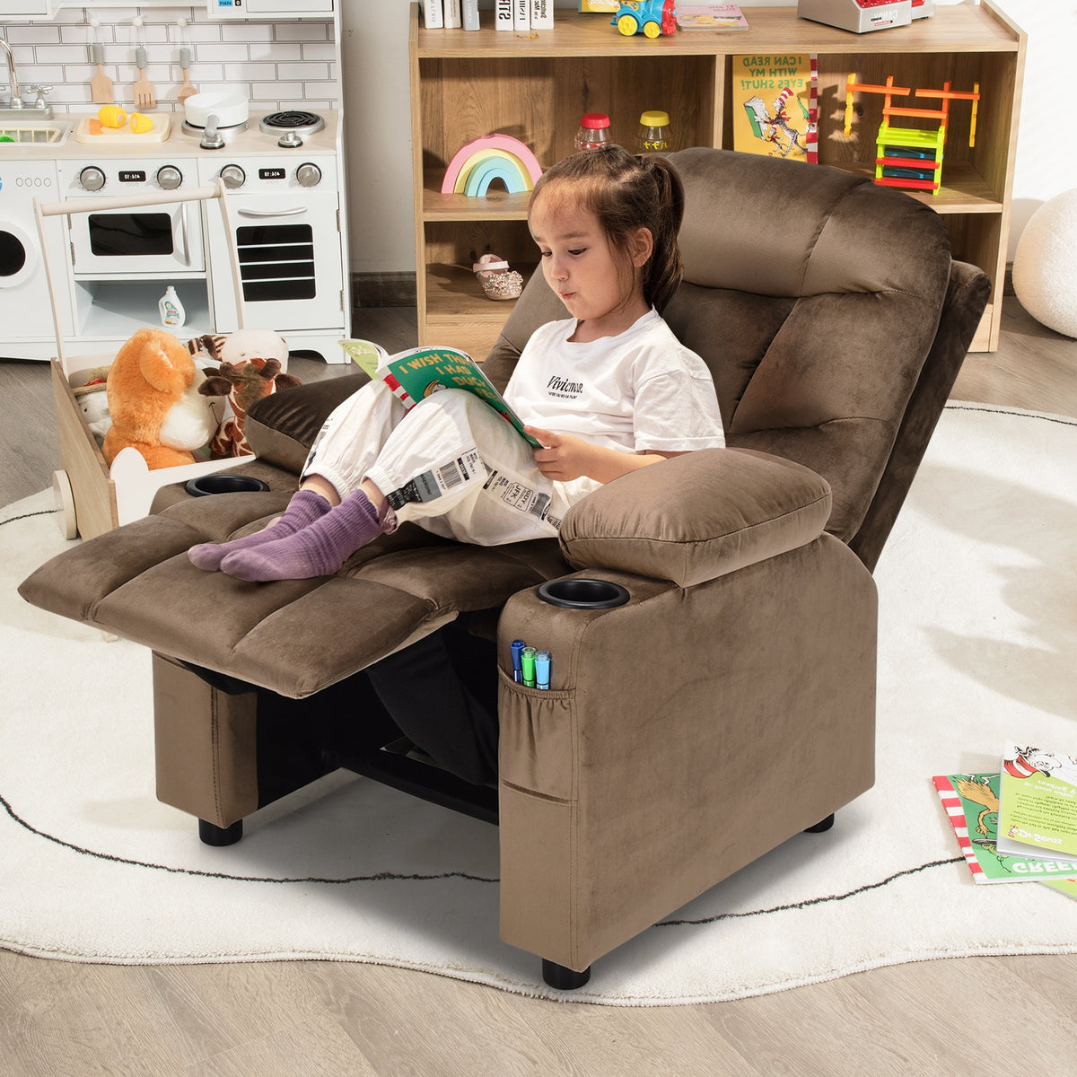 Kids Recliner Chair, Cup Holder, Footrest, Brown Kids Chairs & Seating at Gallery Canada