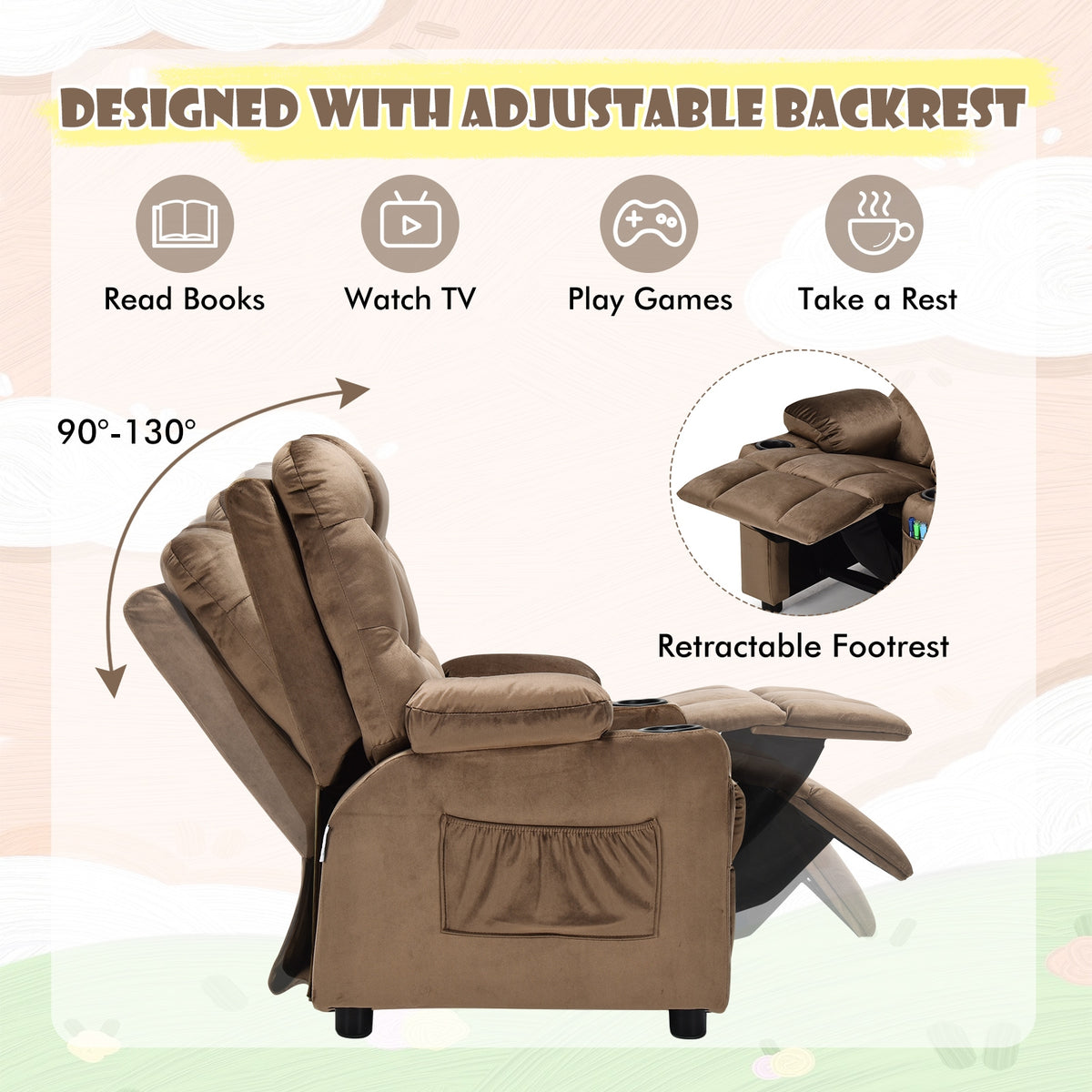 Kids Recliner Chair, Cup Holder, Footrest, Brown Kids Chairs & Seating at Gallery Canada
