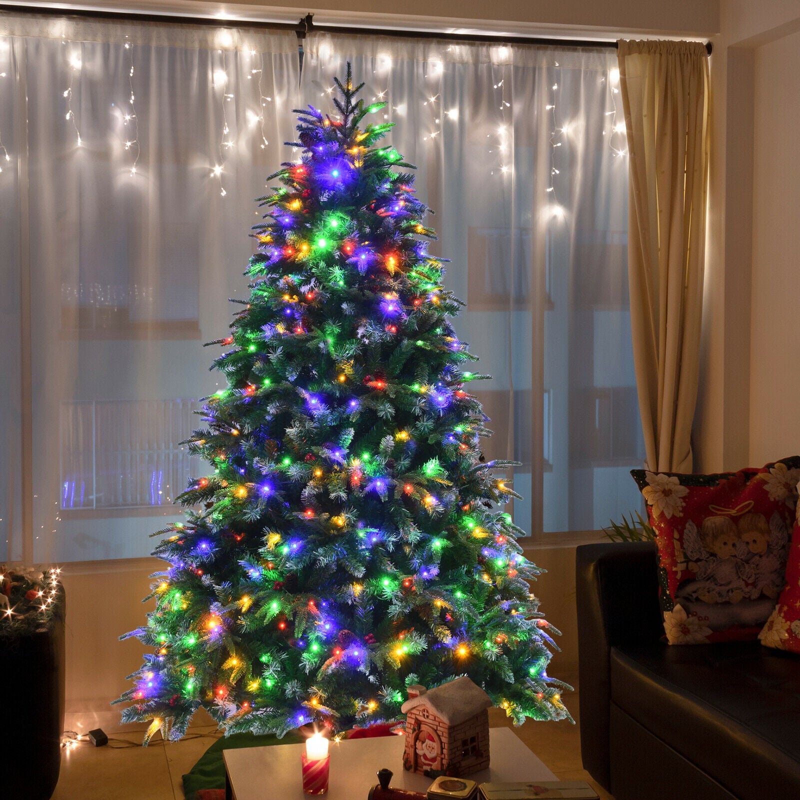 Pre-Lit Snowy Christmas Hinged Tree, Multi-Color Lights, 7', Green Christmas Tree at Gallery Canada
