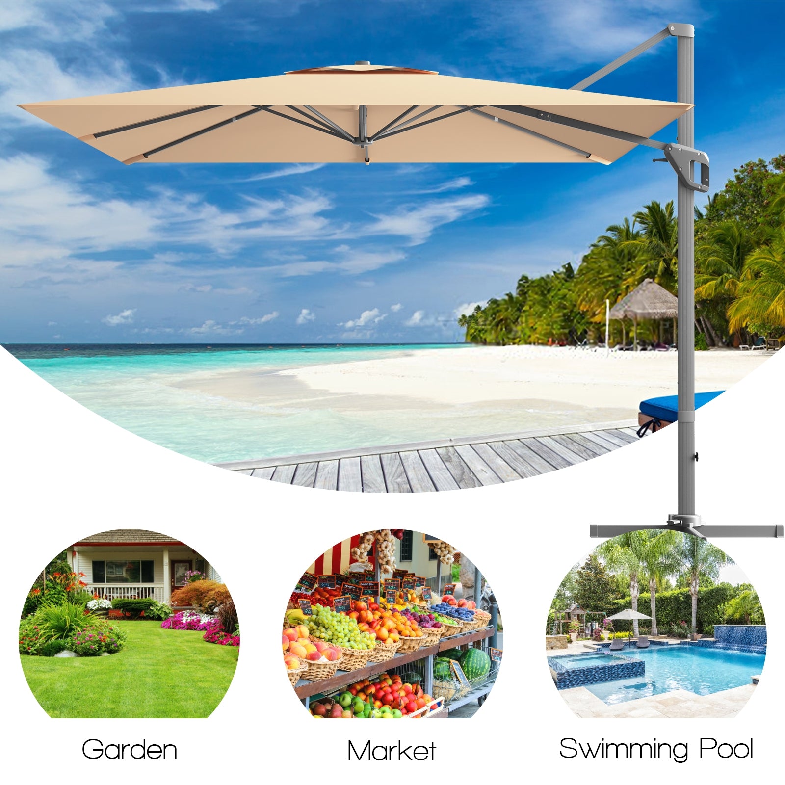 10x10 Feet Patio Cantilever Umbrella, Aluminum 360-Degree Rotation Tilt, Beige Outdoor Umbrellas at Gallery Canada