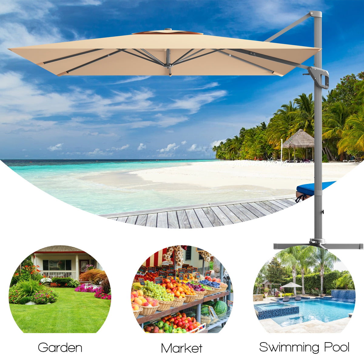 10x10 Feet Patio Cantilever Umbrella, Aluminum 360-Degree Rotation Tilt, Beige Outdoor Umbrellas at Gallery Canada