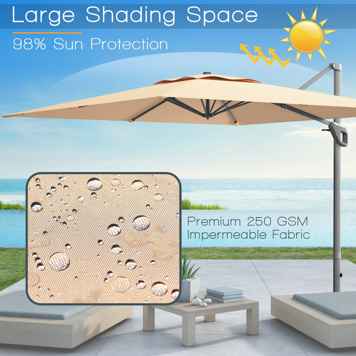 10x10 Feet Patio Cantilever Umbrella, Aluminum 360-Degree Rotation Tilt, Beige Outdoor Umbrellas at Gallery Canada