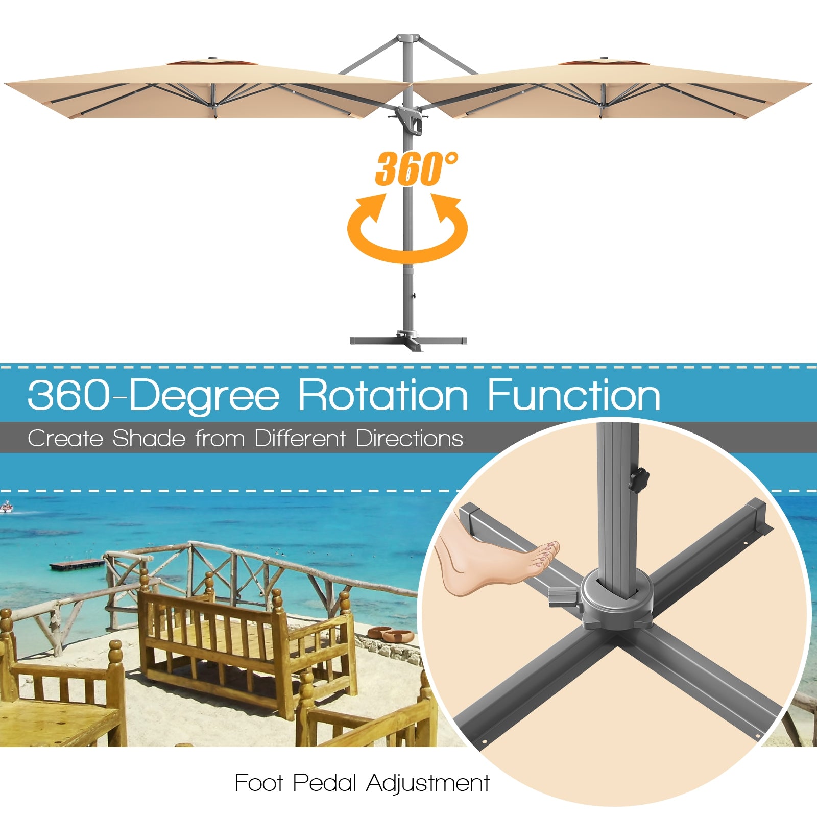 10x10 Feet Patio Cantilever Umbrella, Aluminum 360-Degree Rotation Tilt, Beige Outdoor Umbrellas at Gallery Canada