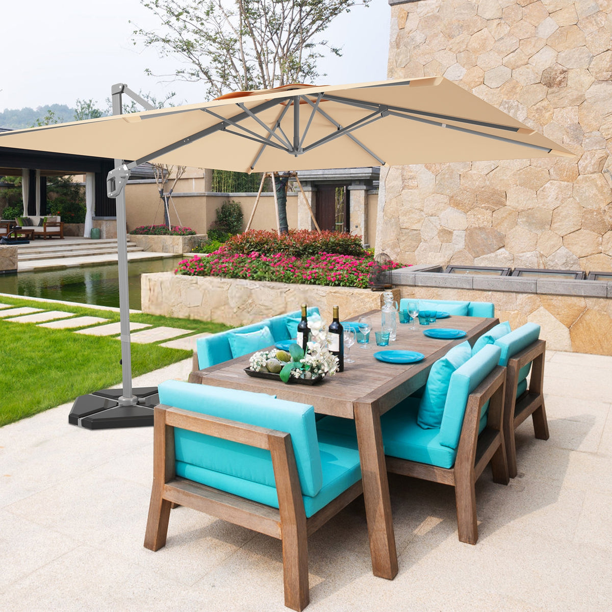 10x10 Feet Patio Cantilever Umbrella, Aluminum 360-Degree Rotation Tilt, Beige Outdoor Umbrellas at Gallery Canada