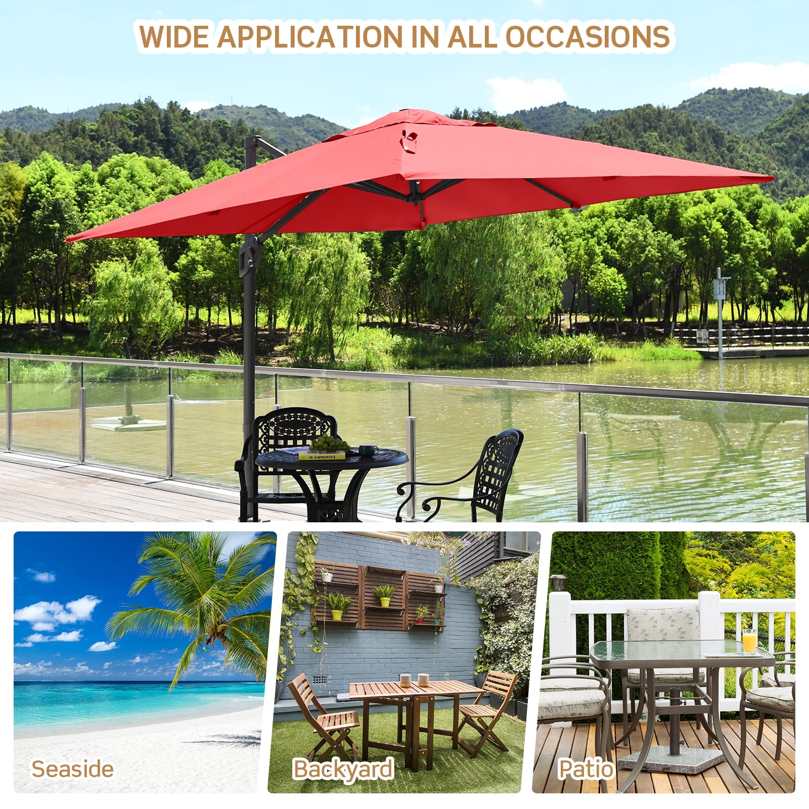10 x 10 Feet Patio Offset Cantilever Umbrella, Aluminum 360-Degree Rotation Tilt, Orange Outdoor Umbrellas at Gallery Canada