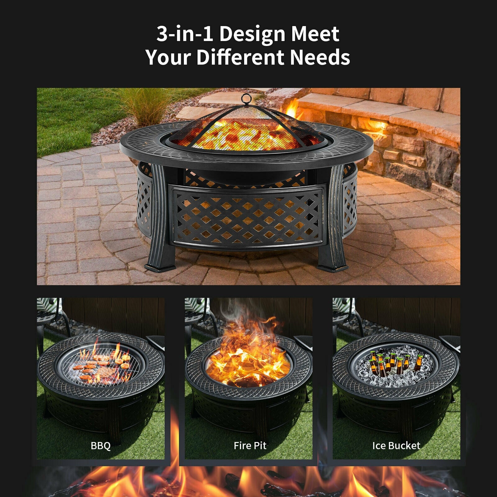 Outdoor Fire Pit With BBQ Grill, High-Temp Resistance Finish, Black Fire Pits at Gallery Canada